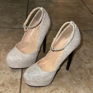 Qupid Platform Ankle-Strap High Heels in White Speckle